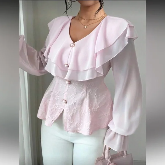 Elegant Pink Ruffled Blouse Sz 1X NWT - Picture 2 of 5